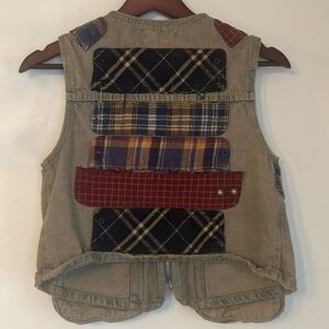 Upcycled plaid patched denim jean utility vest